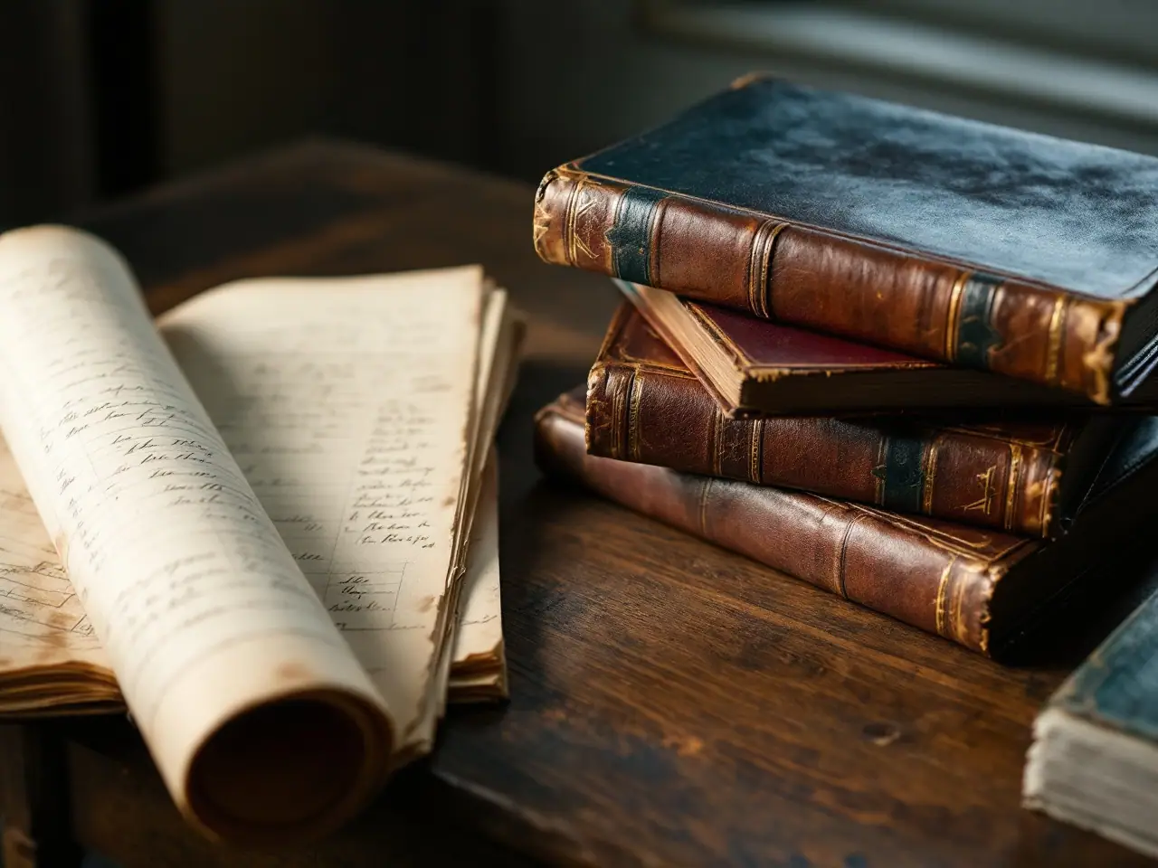 Old leather-bound record volumes and a hand-drawn survey map on a wooden table in soft window light